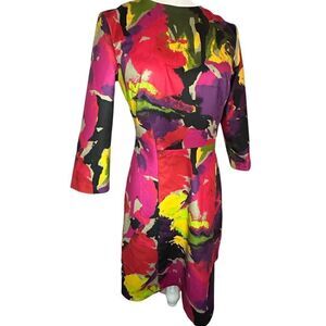 Trina Turk A-Line 3/4 Sleeve Abstract Round Neck Zip Back Dress Size S